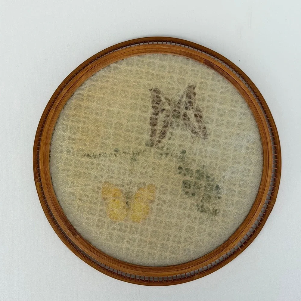 Vintage Tray Jetline Japan Rattan Bamboo Lucite Butterfly Floral‎ Boho Cottage